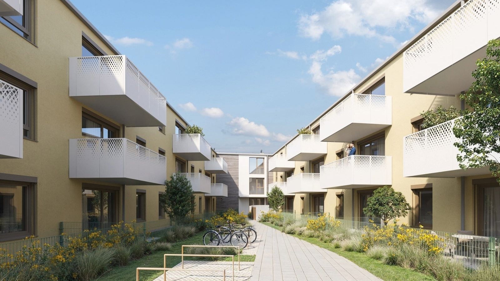 Visualisierung des BUWOG Projekts WIEN.NAH in Schwechat mit begrüntem Innenbereich, Balkonen und modernen Wohngebäuden