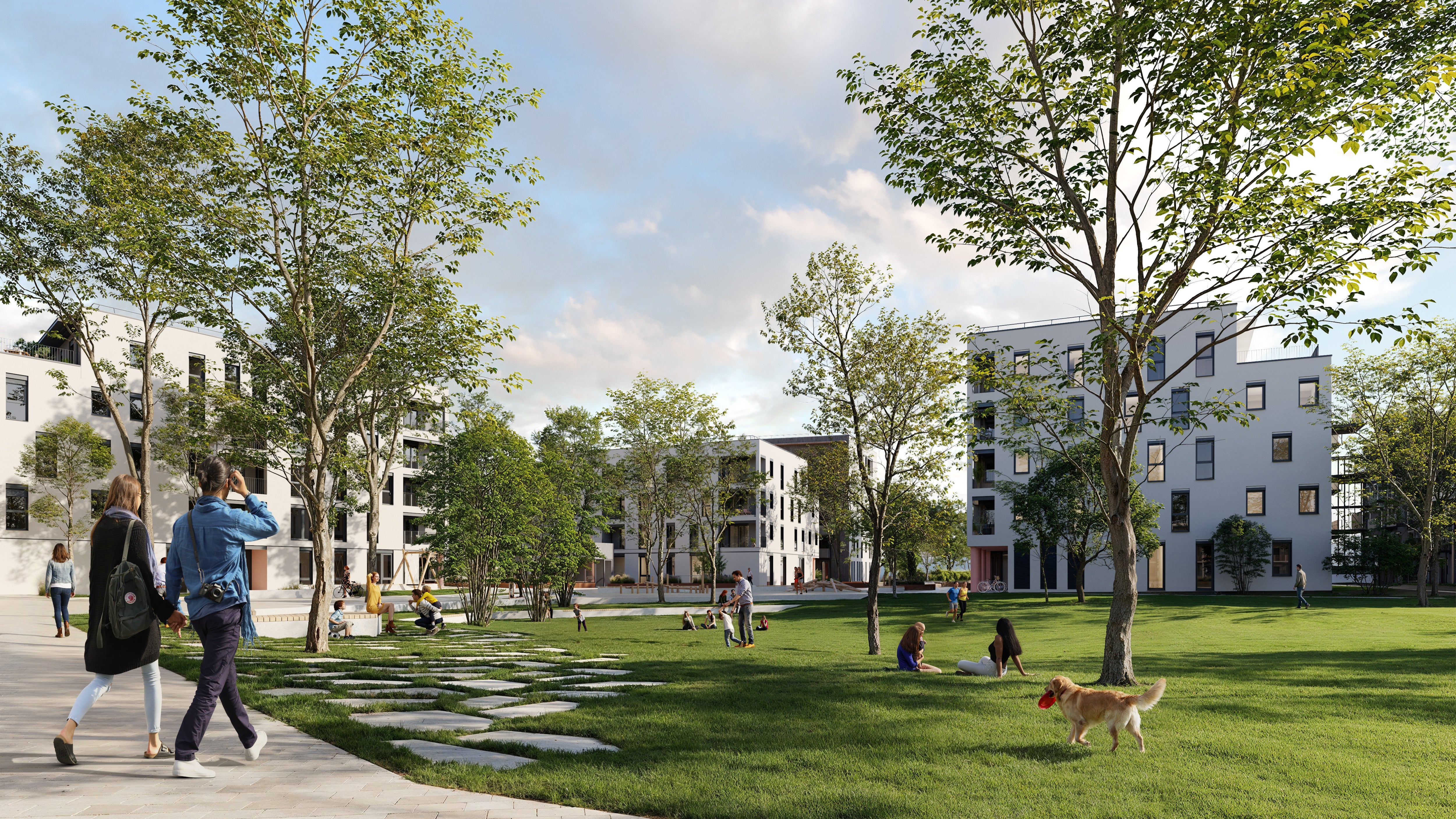 Visualisierung des BUWOG Südtiroler Quartiers in Salzburg mit großzügigem Grünraum, Bäumen und modernen Wohngebäuden